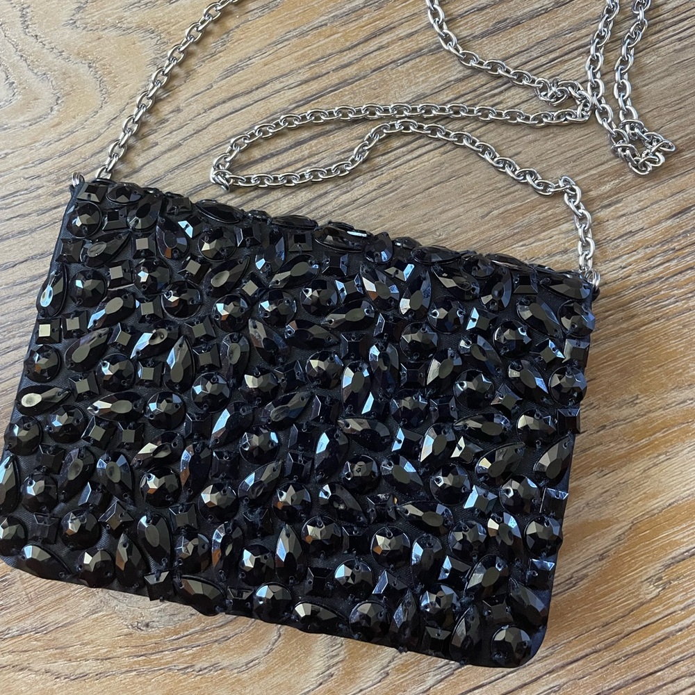 Banana Republic Black Beaded Evening Purse Silver Chain Strap